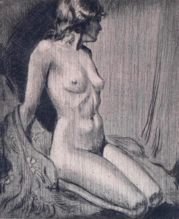 Morris Henry Hobbs Etching, "Louise": Morris Henry Hobbs (American 1892- 1967) "Louise," etching on paper, signed in pencil lower right, titled lower left, Associated American Artists Edition, matted and framed. Dimensions: 4 x 3.