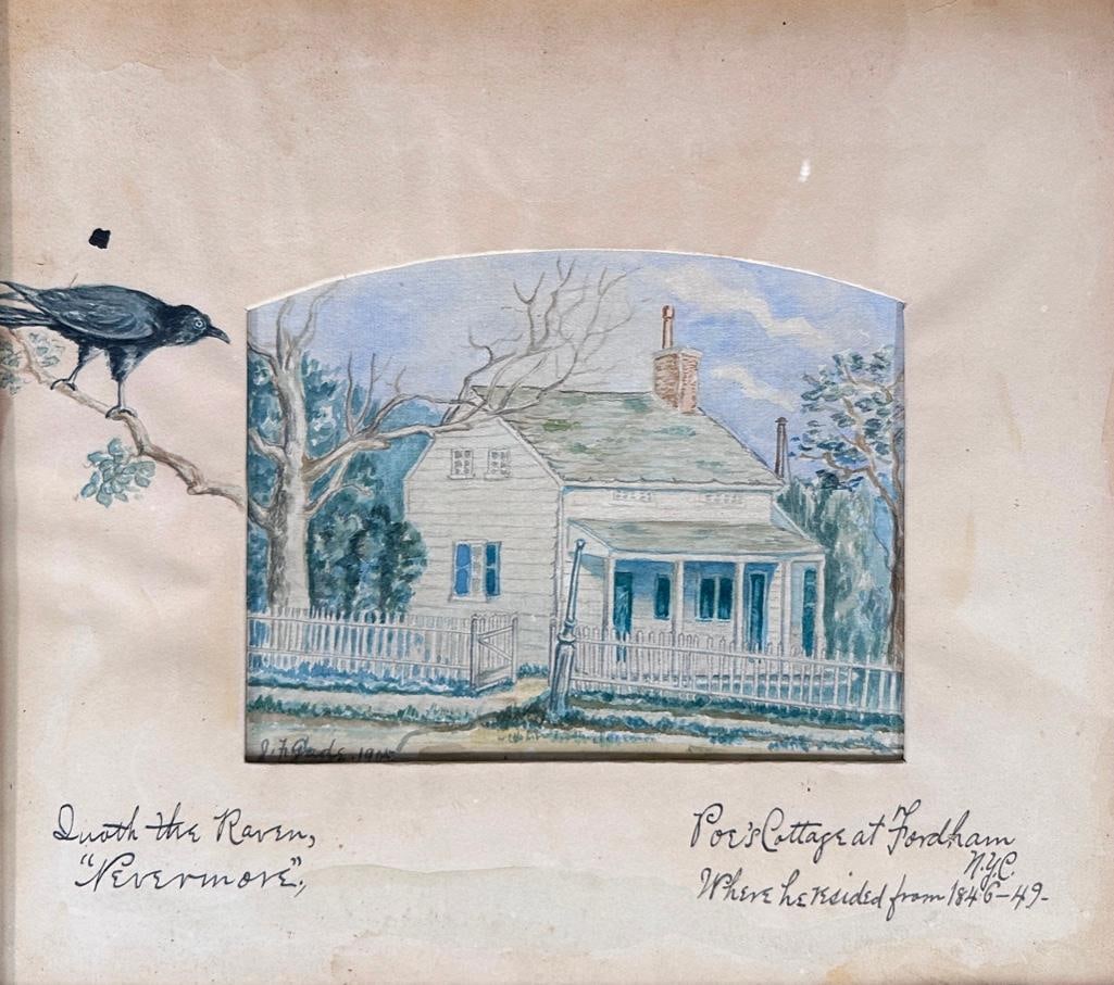 American School Watercolor, Edgar Allan Poe's Cottage at Fordham, NYC: J. F. Gads (American 19th/20thc.) "Poe's Cottage at Fordham, N.Y.C, " 1905, watercolor on paper, signed and dated lower left, inscribed to the matting "Poe's Cottage at Fordham,