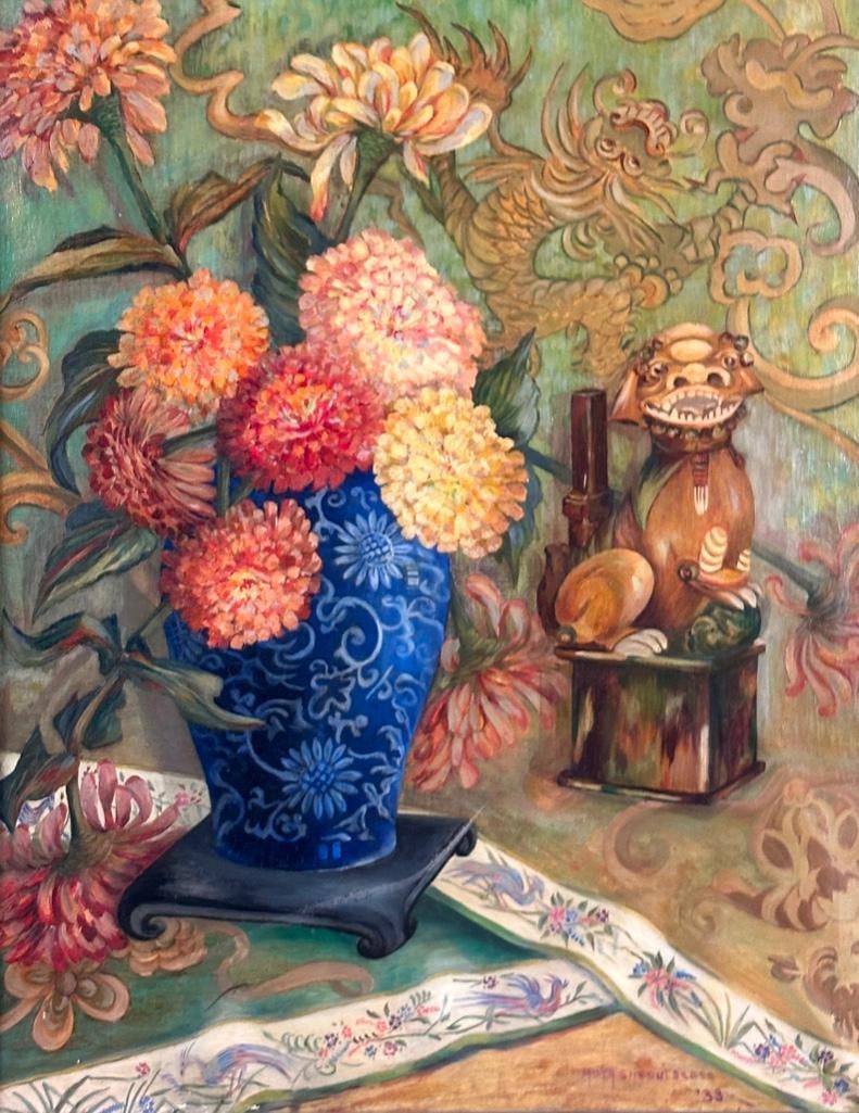 Mary Shecutsease Oil, Still Life with Foo Dog and Flowers in a Vase: Mary Shecutsease ( American, 20thc.) Oil, Still Life with Foo Dog and Flowers in a Vase, 1933, oil on canvas, signed and dated lower right, in hand carved and painted frame. Dimensions: 29.5 x 23.5