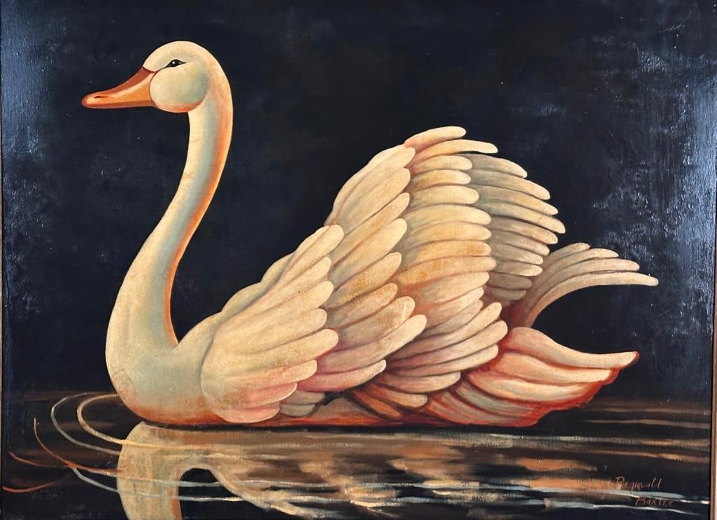 Reginald Baxter Oil, Swan: Reginald Baxter (Canadian 20thc.) Swan, oil on canvas, signed lower right, framed. Dimensions: 36 x 48 in. canvas size, 44 x 56 in. as framed. Condition: Drying cracks and craquelure.