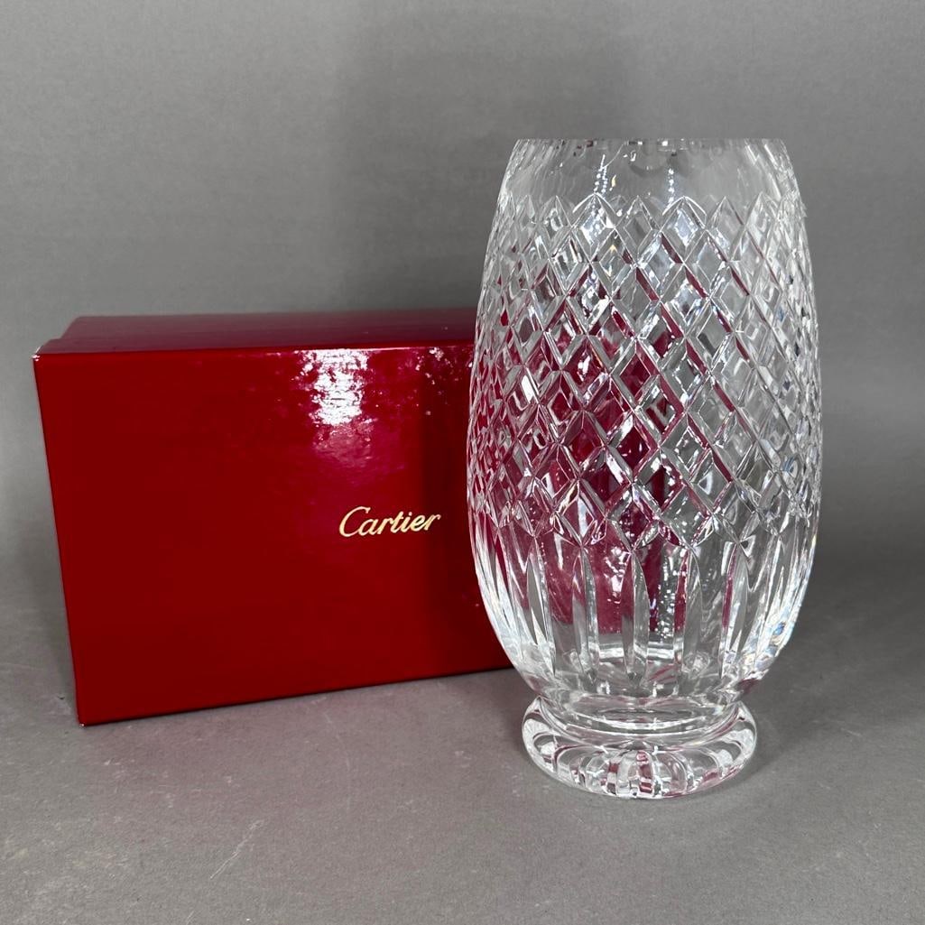 Cartier Retailed Cut Glass Flower Vase in Cartier Box: Cartier Retailed Cut Glass Flower Vase in Cartier Box, ovoid vase form cut with diamond and oval pattern, on circular foot, signed with acid stamped Cartier signature to underside of foot, in lined