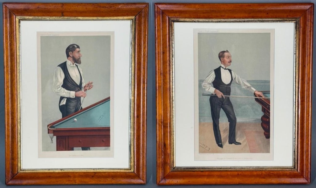 Two Vanity Fair Spy Prints of Billiard Players: Two Vanity Fair Spy Prints of Billiard Players, comprising; "The Champion of 1885," and "He Might Be Champion if There Were a Championship," color lithographs, matted and framed.