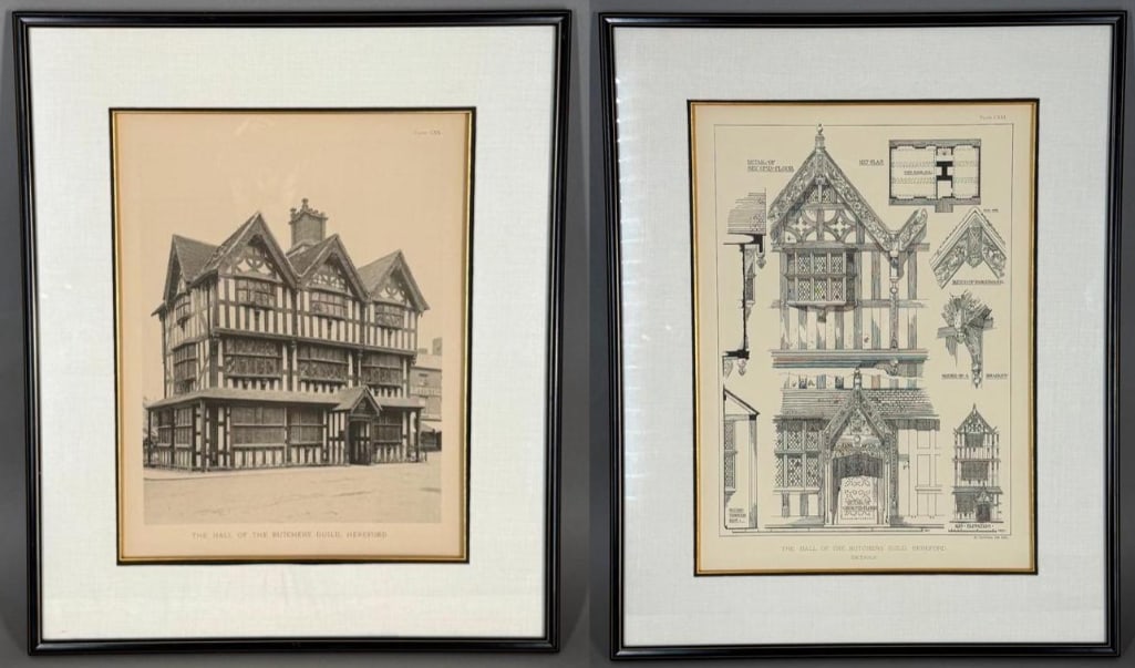 Two Framed Prints of The Hall of The Butchers Guild, Hereford, England: Two Framed Prints of The Hall of The Butchers Guild, Hereford, England, comprising a lithographed architectural elevation with details and a printed antique photograph of the building itself. Matted