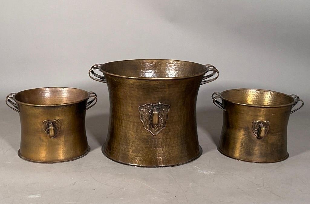 Lot of Three Brass Pots with Handles and Elephant Motifs (1 of 9)