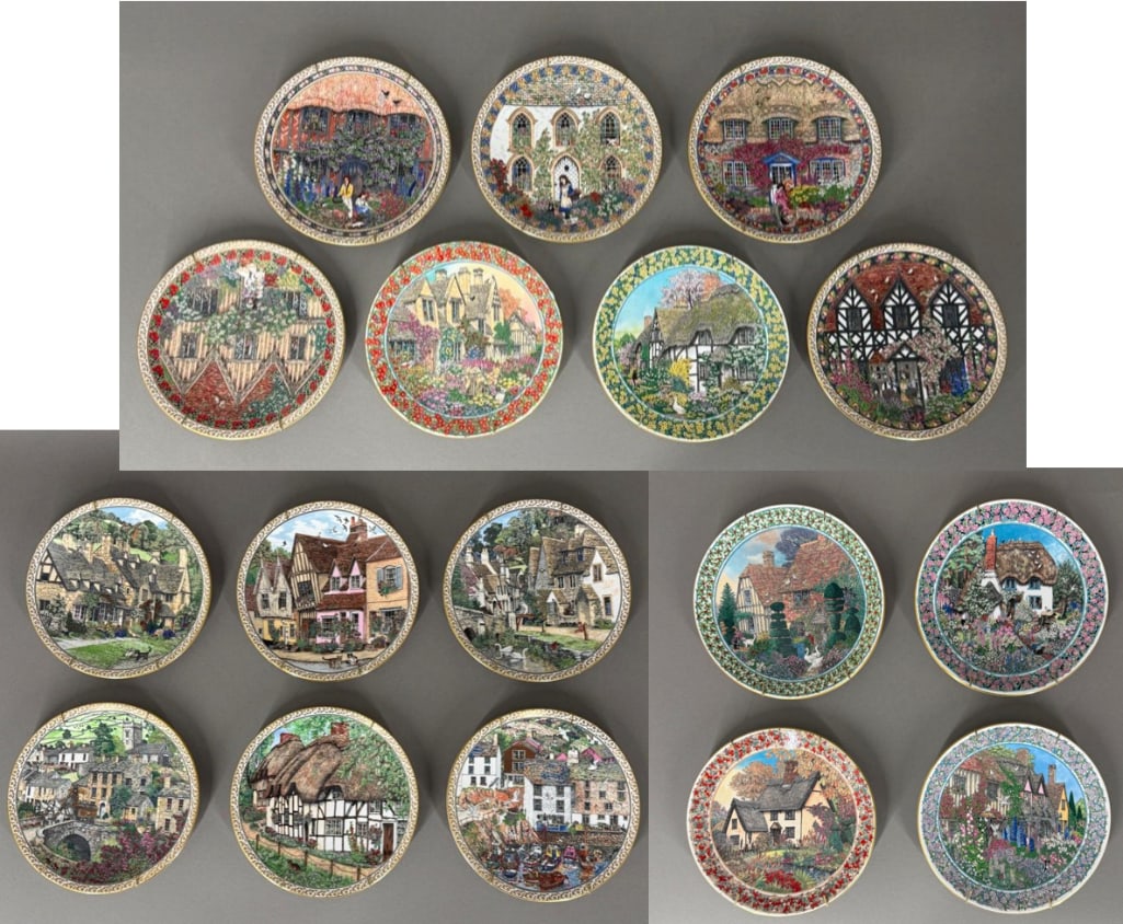 Seventeen Plates by Sue Scullard for Royal Worcester, ca. 1991: Designed for Royal Worcester, fine bone china plates, seventeen total; six plates from the series "Villages"; four from the series "Cottage Gardens"; seven from the series Country