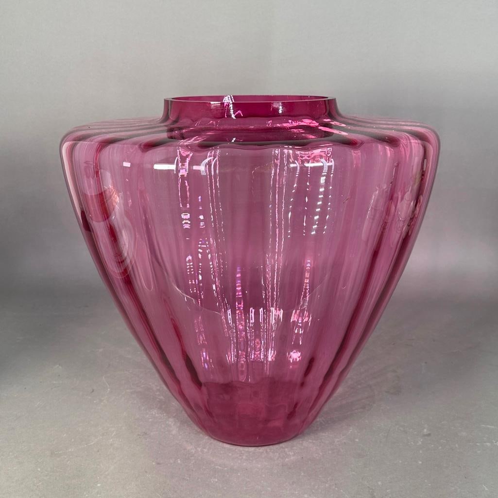 Vintage Pink Pilgrim Glass Vase: Clear pink glass, ribbed with polished rim, apprx 15"H x 16"W at shoulder. Unmarked. Condition: wear underneath as expected for age and use.