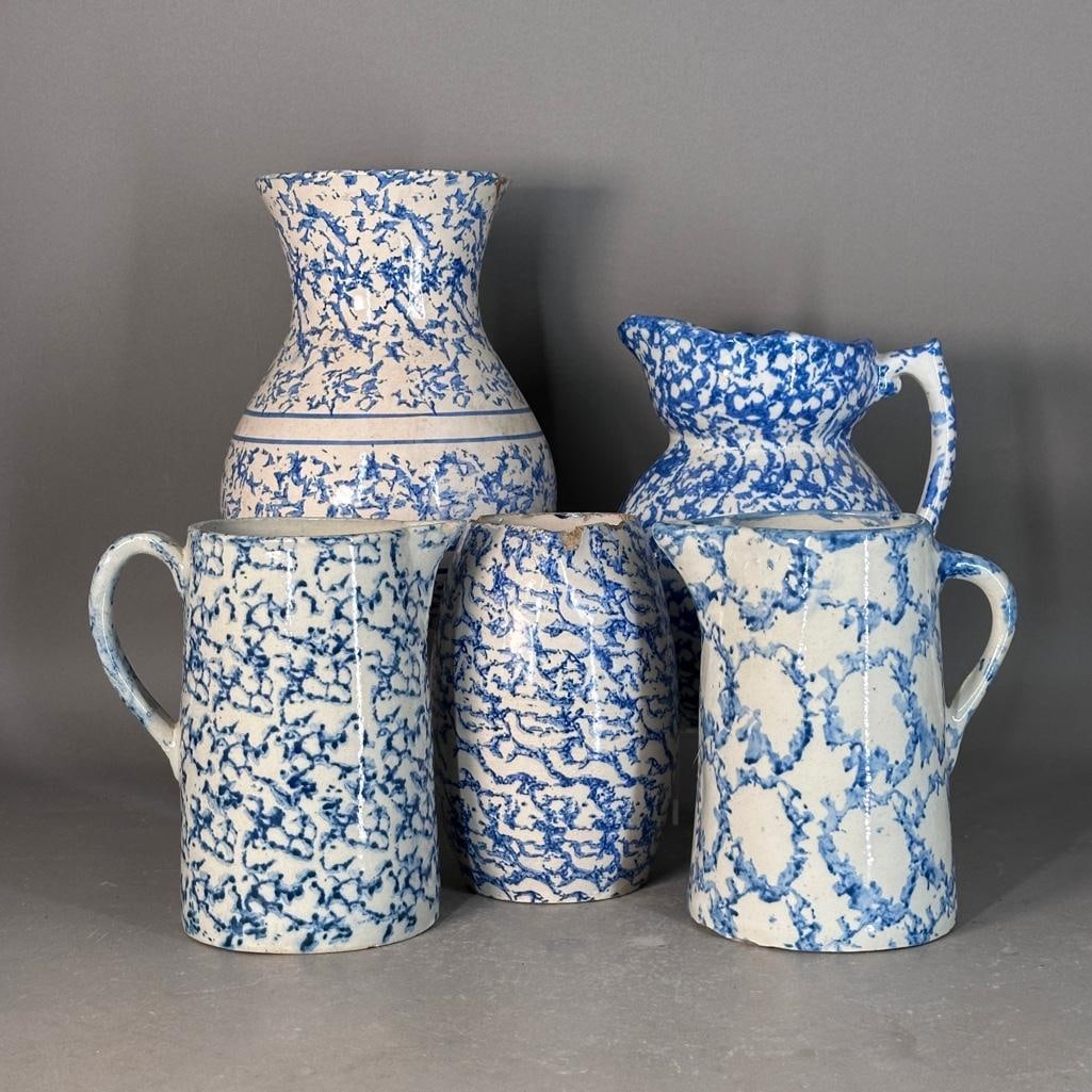 Five Antique Spongeware Pottery Pitchers (1 of 8)