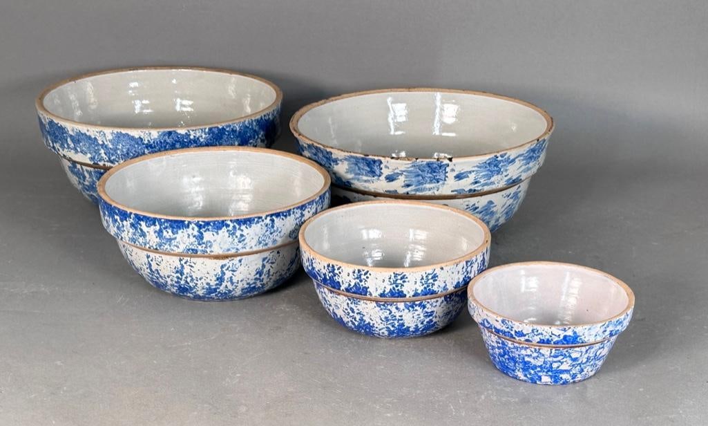 Five Antique Spongeware Nesting Bowls: Five total, four are graduating in size; all with similar dark blue spongeware decoration, including the bottom. Unmarked. Two bowls apprx 4.75"H x 11"D, 4"H x 8.75"D, 3.5"H x