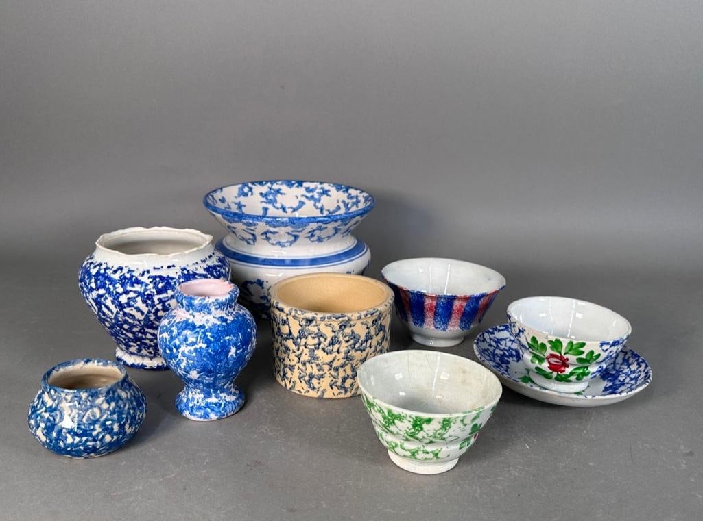 A Lot of Spongeware Items: Lot includes a spoitton, apprx 5"H x 7.5"D; 4"T garlic shape vase; 4.5"T footed vase with chipped rim; a Robinson Ransbottom container 3"H x 4.5"D; 2.25"H jarlet; a pink an