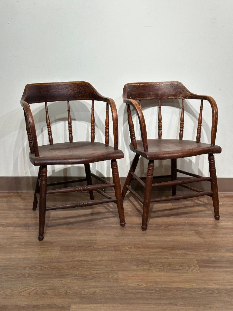 Two Antique Oak Firehouse Armchairs: Oak wood armchairs with old decorative paint still visible, turned supports and stretchers, both apprx 30.5"H x 21"W x 20"D. Condition: wear and losses to paint and wood, as is, as found.