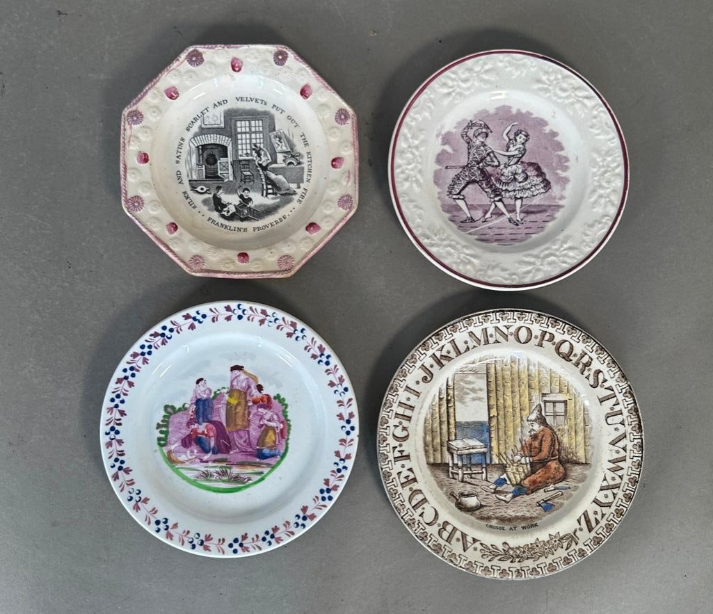 Four Transfer Decorated Plates, English, 19th Century: Plates include; Classical women by a stream, 6.75"D, with luster decorated border; Crusoe at Work, alphabet plate, B.P. & Co. hallmark, 7"D; Franklin's Proverbs, luster decorated rim