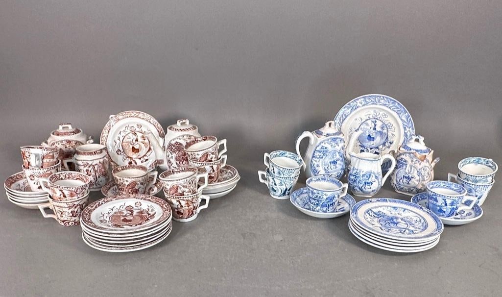 A Collection of Charles Allerton & Sons Child's Tea Service, Staffordshire, ca. 1890: English, ca. 1890's. Two child's or doll partial tea set in brown transferware and blue transferware. Both depicting "Little Mae", Allerton's granddaughter, with her dog. Brown set