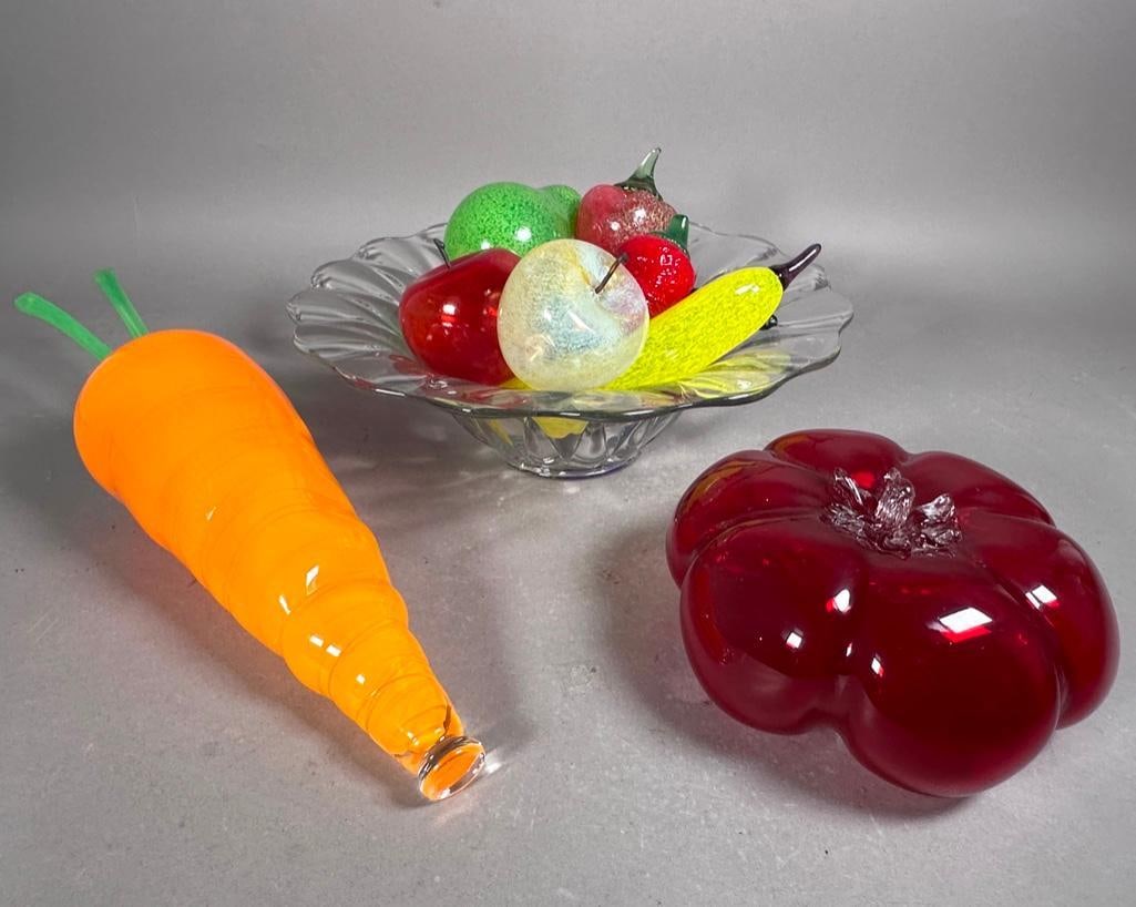 Kosta Boda Glass Fruit Bowl: Lot of 11 pieces of art glass including bowl, tomato, carrot, banana, pepper, red apple, green apple, pear, strawberry, blackberry.