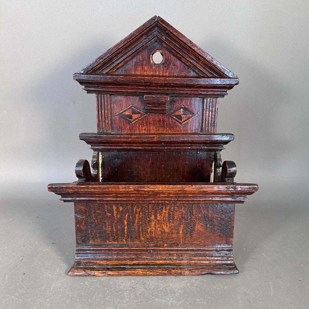 Antique Wood marquetry Wall Box, 19th century: Wall mounting box with two marquetry diamonds on upper panel, lower deep well open container with shaped sides, rustic constructed walnut, opening on pediment with hanging, apprx 15.5 x 12.25 x 5 in.