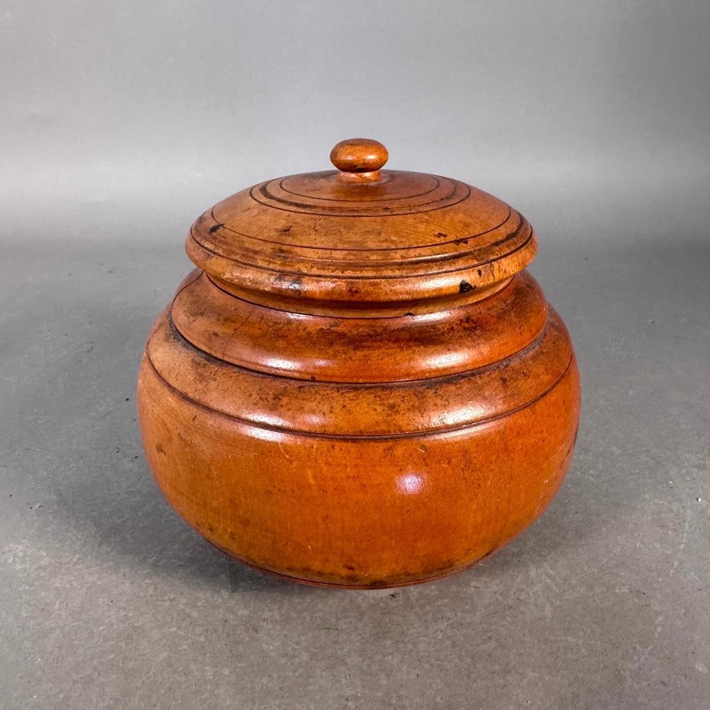Peaseware Covered Jar, American, 19th century: Turned maple wood bowl with matching lid, with knob finial, soft original finish, 6"T. Purchased from John and Peggy Saraf, Westfield NY in 1995. David Mills Pease (1815-1890) came to northeast Oh