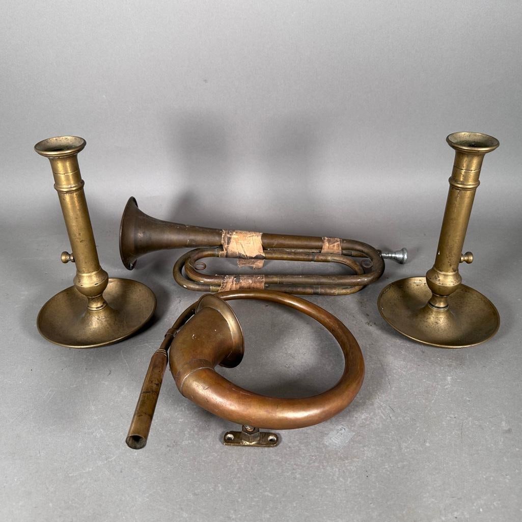 Antique Brass Candlesticks and Two Horns, 19th Century (1 of 8)