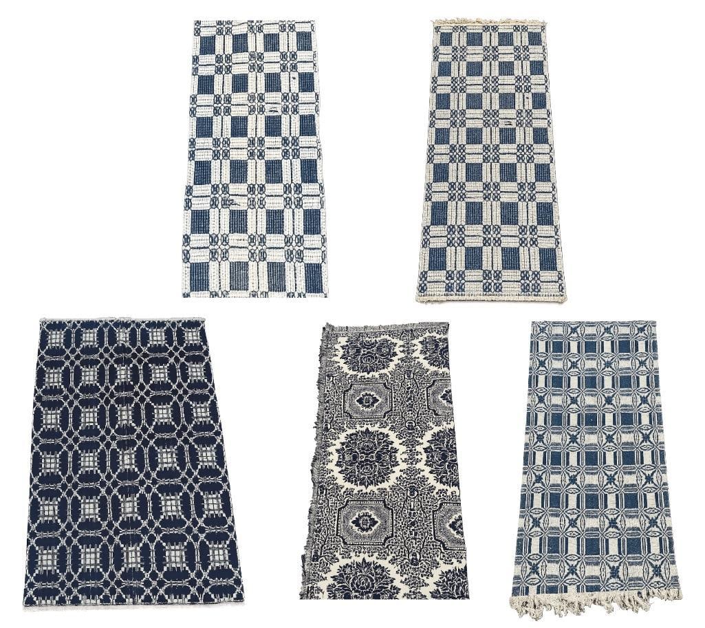 Five Antique American Jacquard Wool Coverlets: Five Antique American Jacquard Wool Coverlets, Blue and white wool loomed blankets. 2 checkered coverlets are a matching pair and are meant to be joined down the center and measure apprx. 58" x 96