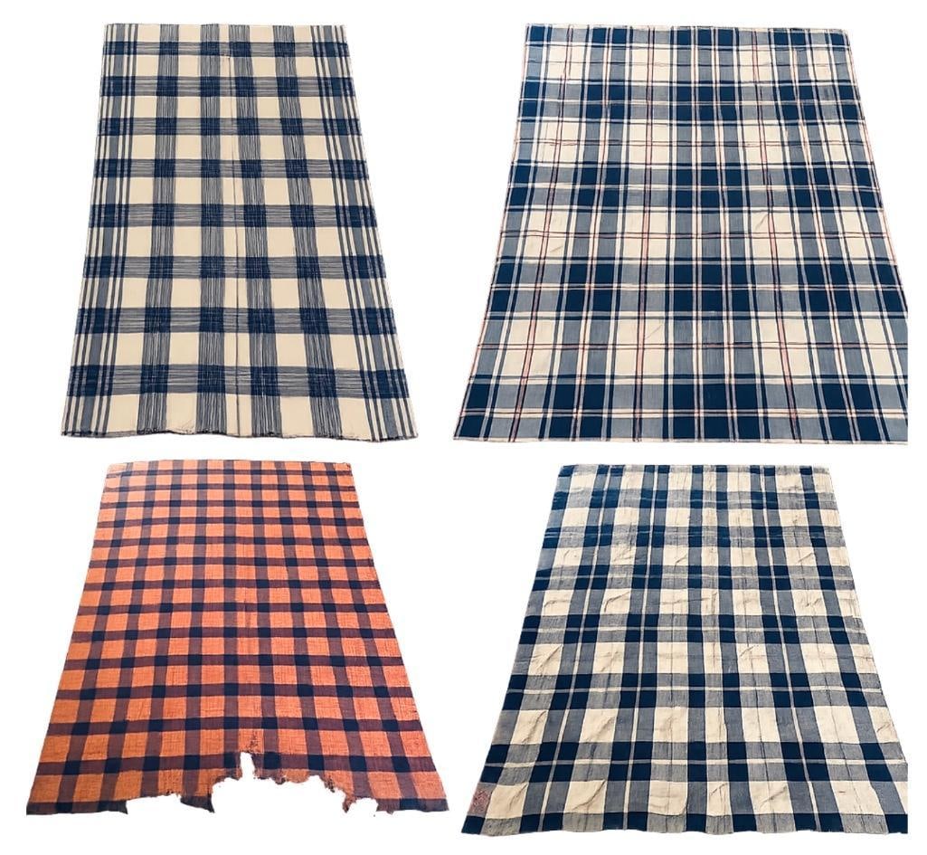 Four Antique Wool Blankets, late 19th century: Hand woven twill weave wool blankets. Blue and cream wool blanket 6'5" x 4'3"; slate blue, cream and thin red strips, 6'4" x 5'3"; Slate blue and cream with dotted thin