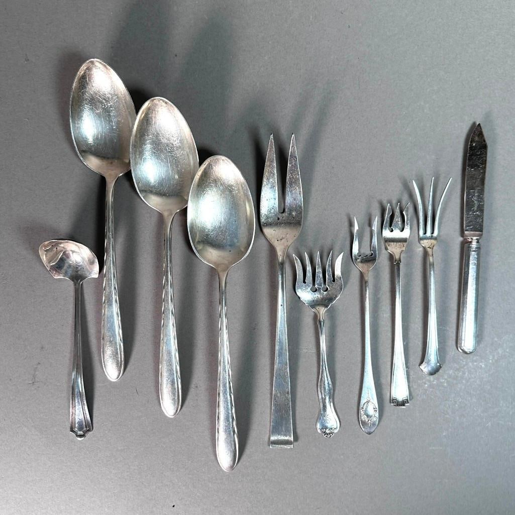 Assorted Sterling Silver Including Gorham, Towle and others: Three 8.5"L Towle serving spoons, one 8.5"L Towle meat fork, one 5.5"L sauce unidentified ladle, four lemon, olive or shrimp forks by various makers apprx 5 to 6"L, and a single fruit knife, no marks,