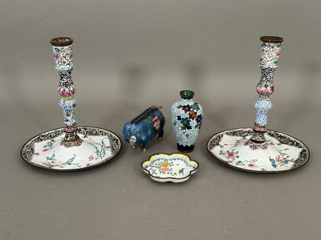 Lot of Chinese Enamelware: Pair of 7"T candlesticks, 4"T wirework vase, 3" cloisonne pig and a lobed 2.5"D trivet. Condition: bruised, fissures, as is.