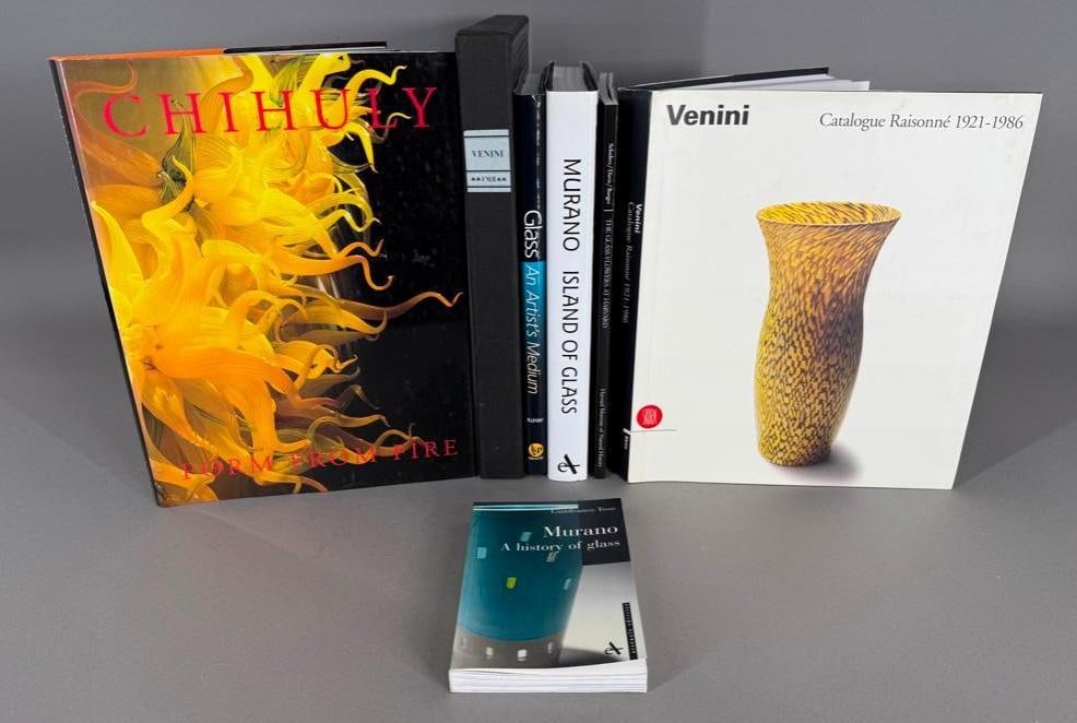 Six Volumes on the Subject of Glass: Six Volumes on the Subject of Glass, comprising; Venini, Catalogue Raisonne, 1921-1986, 2000; The Glass Flowers at Harvard, 1992; Venini Murano, 1921, Franco Maria Ricci, 1989, # 3103, in slipcase;