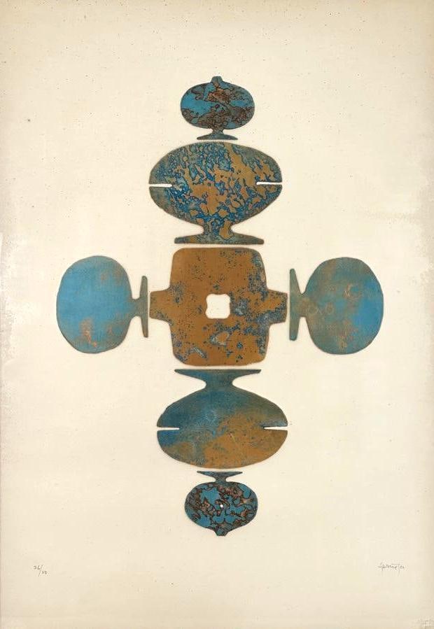 Ferdinand Springer Etching, Totem Form: Ferdinand Springer (German 1907-1998) Totem Form, etching and aquatint, signed in pencil lower right, numbered 26/60 lower left. With blind stamp for Atelier Lacouriere lower left. Framed. Ferdinand
