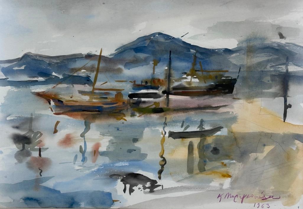 Koula Marangopoulou Watercolor, Hydra Harbour: Koula Marangopoulou (Greek 1913 - 1997) Hydra Harbor, 1963, watercolor on paper, signed and dated lower right, matted and framed. Dimensions: 13 x 19 in. image size, 21 x 26 in. as framed. Condition: