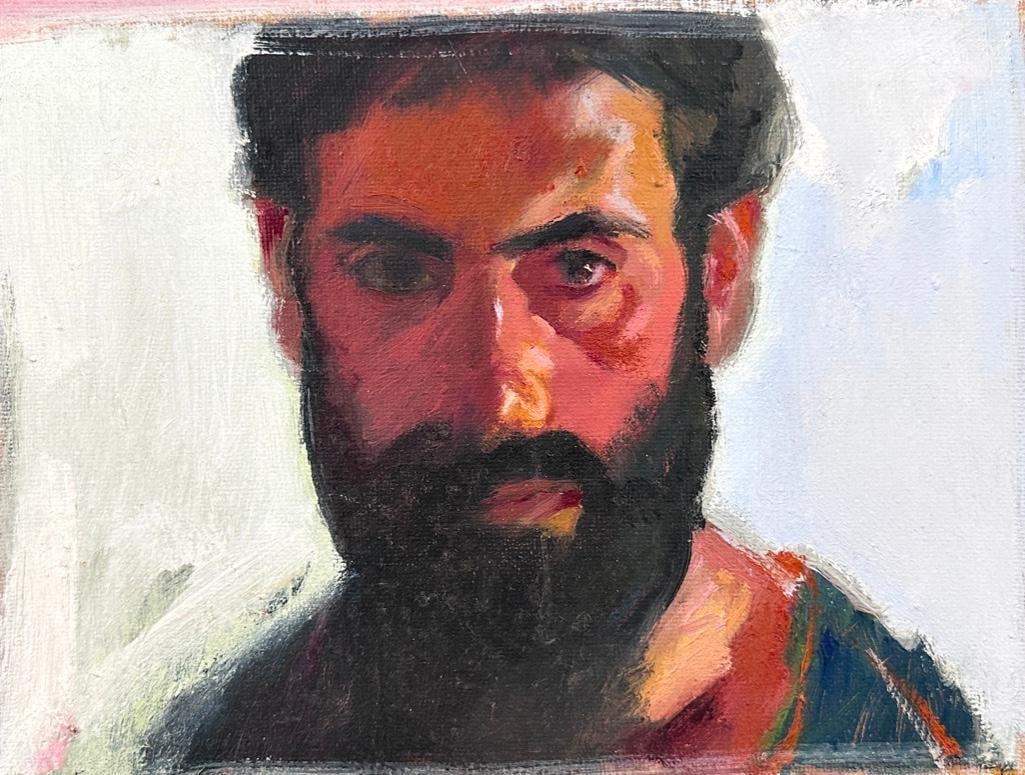 Michalis Manousakis Oil, Self Portrait: Michalis Manousakis (Greek b.1953) Self Portrait, 1983, oil on canvas, signed and dated upper right, signed and dated verso, framed. Dimensions: 10 x 12.5 in. as framed.
