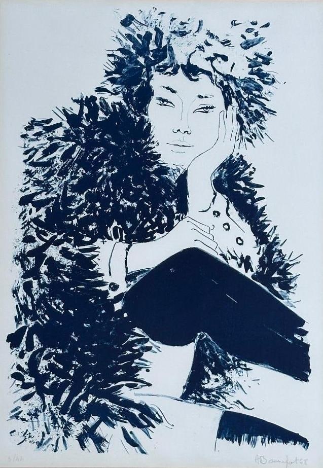 Alain Bonnefoit Lithograph, High Fashion Model: Alain Bonnefoit (French b.1937) High Fashion Model, 1968, lithograph, signed in pencil lower right, numbered lower left 3/44(?), matted and framed. Dimensions: 23 x 16 in. image size, 33 x 26 in. as f