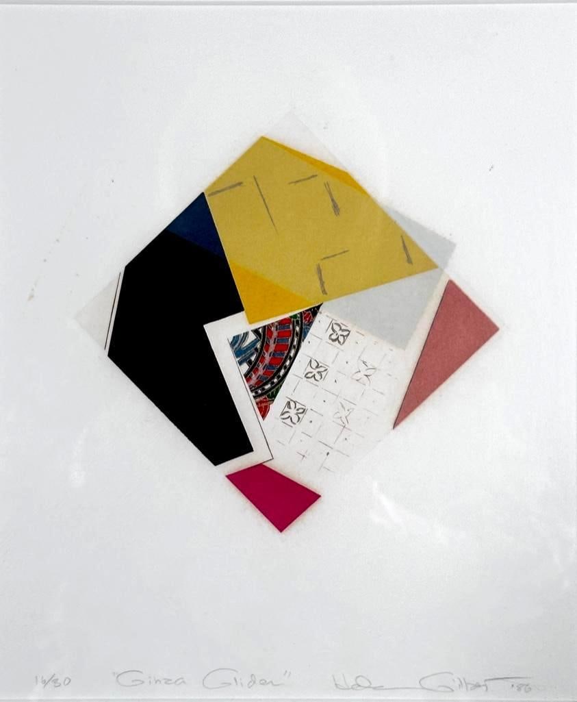 Helen Gilbert Etching, "Ginza Glider": Helen Gilbert (American, California/Hawaii 1922 - 2002) "Ginza Glider, " 1986, signed and dated in pencil lower right, Titled lower center, numbered 16/30, matted and framed. Dimensions: 9.5 x 8.5