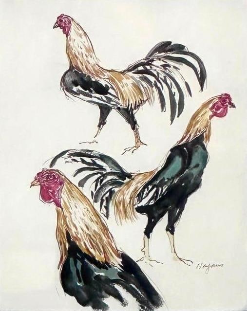 Paul T. Nagano Watercolor, "Three Cocks": Paul Tatsumi Nagano (American, Hawaii, b. 1938) "Three Cocks, " watercolor on paper, signed lower right, framed. Dimensions: 8 x 6.75 in. sheet size. 15.5 x 13.75 in. as framed. Condition: Very good.