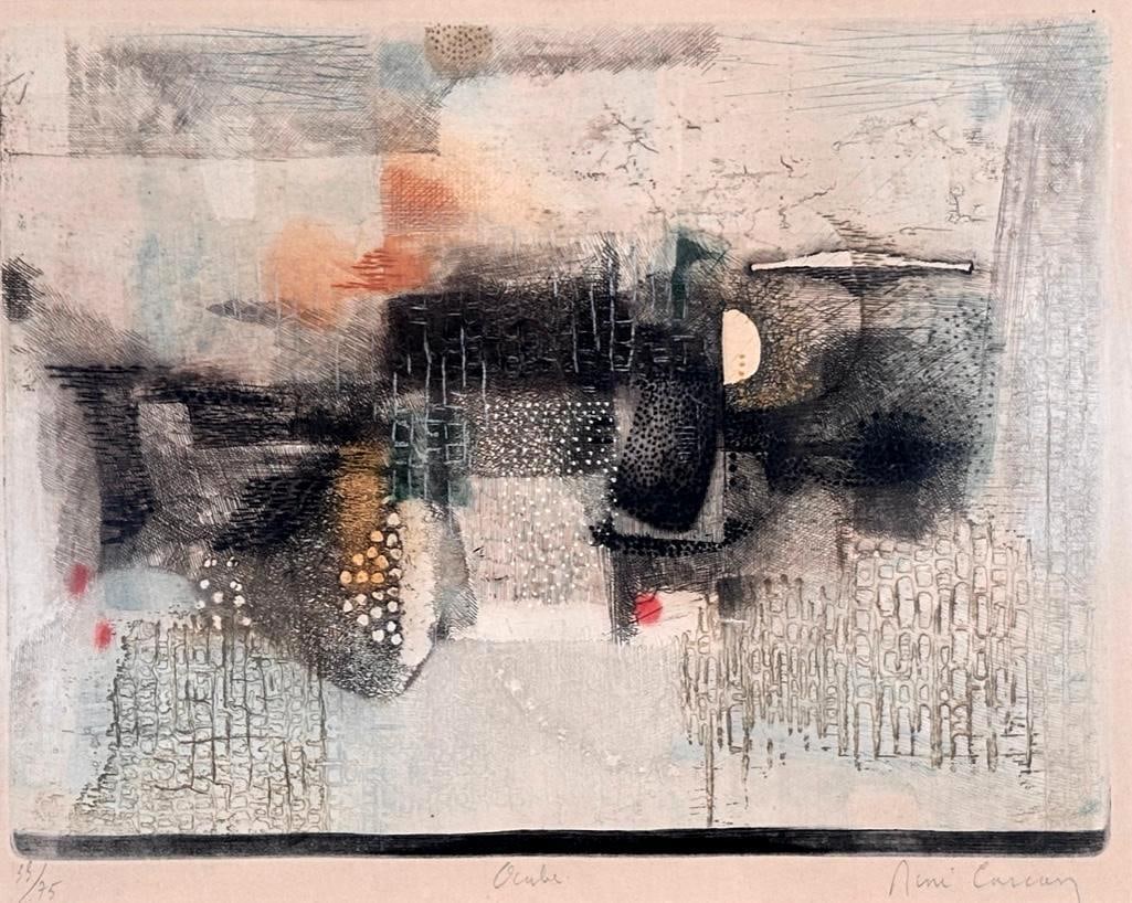Rene Carcan Etching, "Ocube": Rene Carcan (Belgian 1925 - 1993) "Ocube," etching and intaglio on paper, signed in pencil lower right, titled lower center, numbered 33/75 lower right, matted and framed. Dimensions: 10.5 x 14 in.