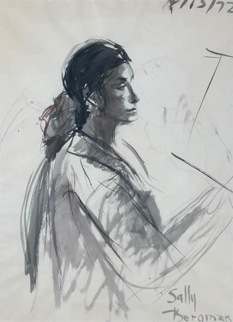 Sally Bergman Drawing, Portrait of a Young Woman: Sally Bergman (American 20thc.) Portrait of a Young Woman Painting, 1972, ink and wash on paper, signed lower right, dated upper right, matted and framed. Dimensions: 22 x 16.5 in. image size, 29.25