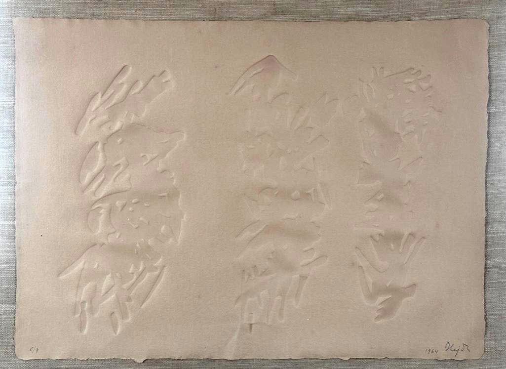 Etienne Hajdu Embossed Intaglio Print, Three Forms: Etienne Hadju (Hungarian/French 1907 - 1996) Three Forms, 1964, embossed intaglio print on paper, signed and dated in pencil lower right, numbered 5/8 lower left, float mounted in frame. Dimensions: