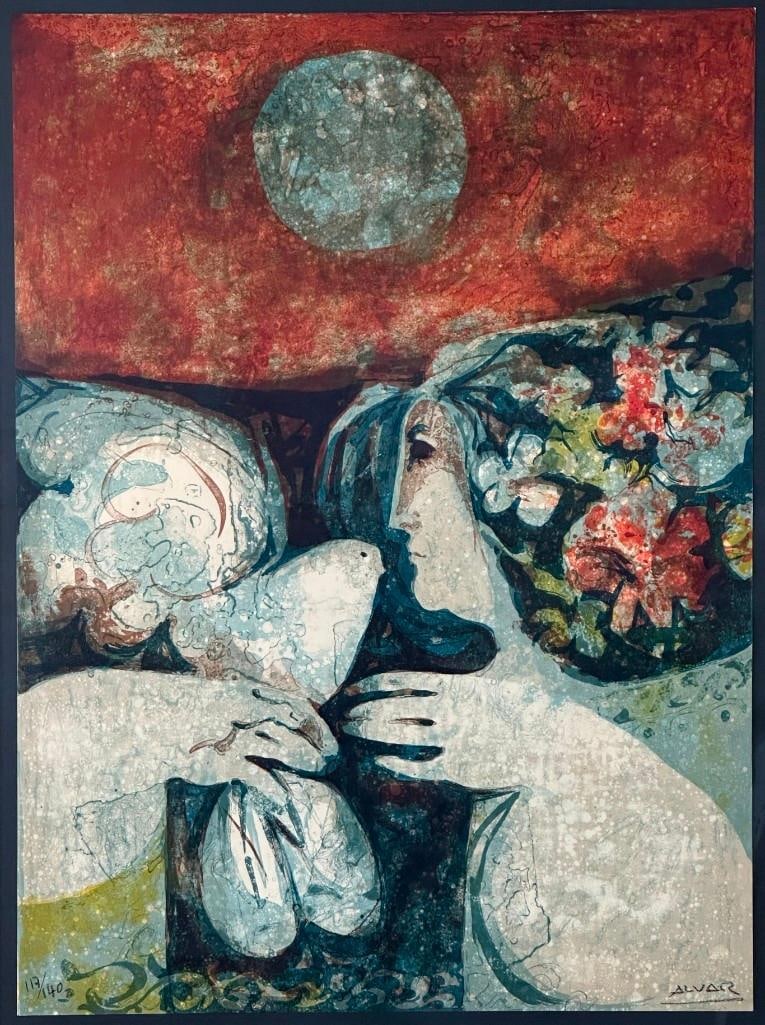 Sunol Alvar Lithograph, Woman with Dove: Sunol Alvar ( Spanish, b. 1935) Woman with Dove, lithograph in colors, signed in crayon, lower right, numbered 117/140 lower left, matted and framed. Dimensions: 25 x 18.75. in. sheet size, 37.5 x