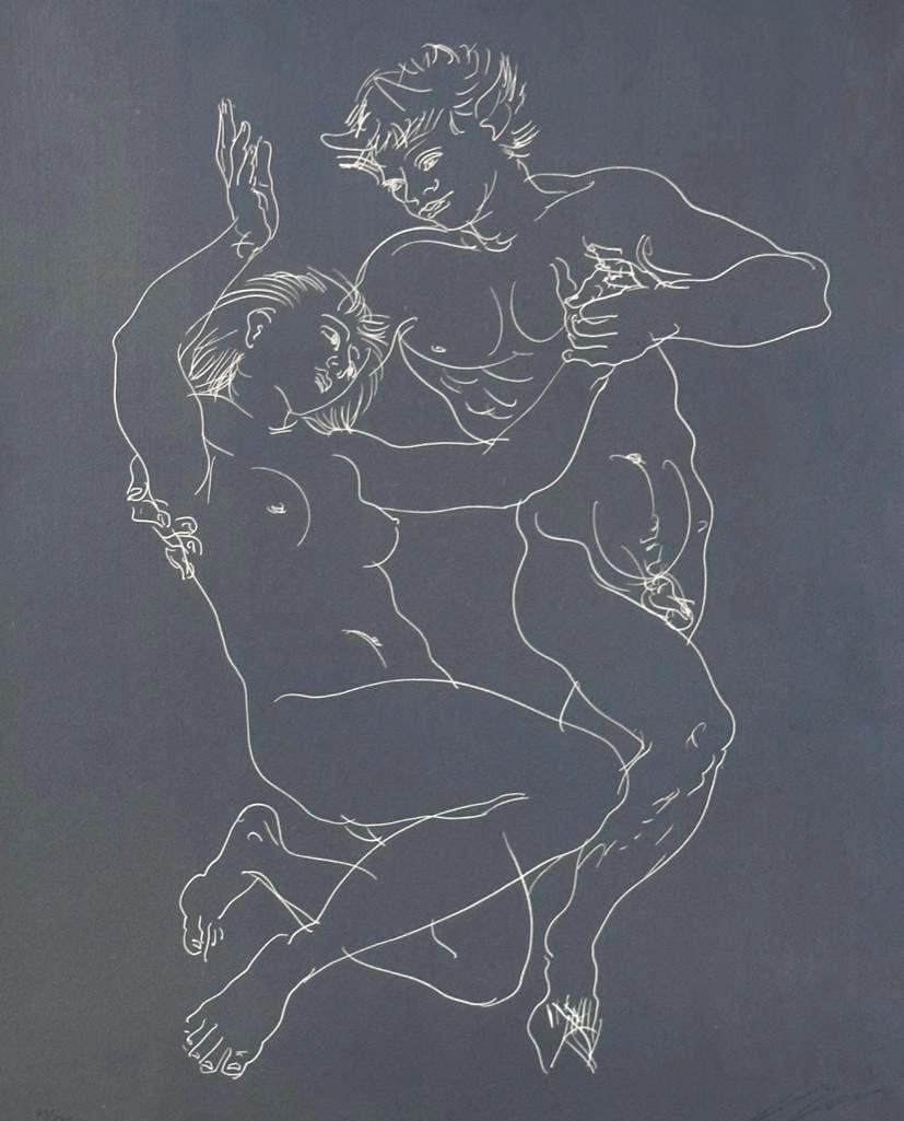 Hans Erni Lithograph, Nymph and Satyr: Hans Erni ( Swiss 1909 - 2015) Nymph and Satyr, lithograph on paper, signed in pencil lower right, numbered 47/120 lower left, matted and framed. Dimensions: 20.75 x 16.75 in. image size, 29 x 25 in.