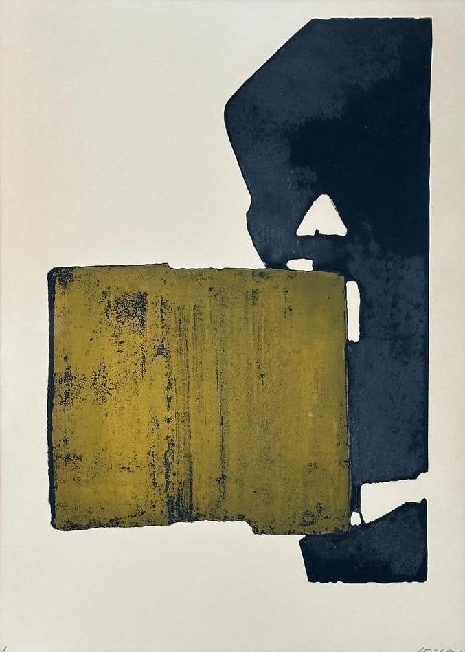 Pierre Soulages Etching and Aquatint, "Eau-Forte XIX": Pierre Soulages (French 1919-2022) "Eau-Forte XIX," 1970, etching and aquatint on Arches paper, signed in pencil lower right, numbered 63/100 lower left, matted, with blind stamp for Edition