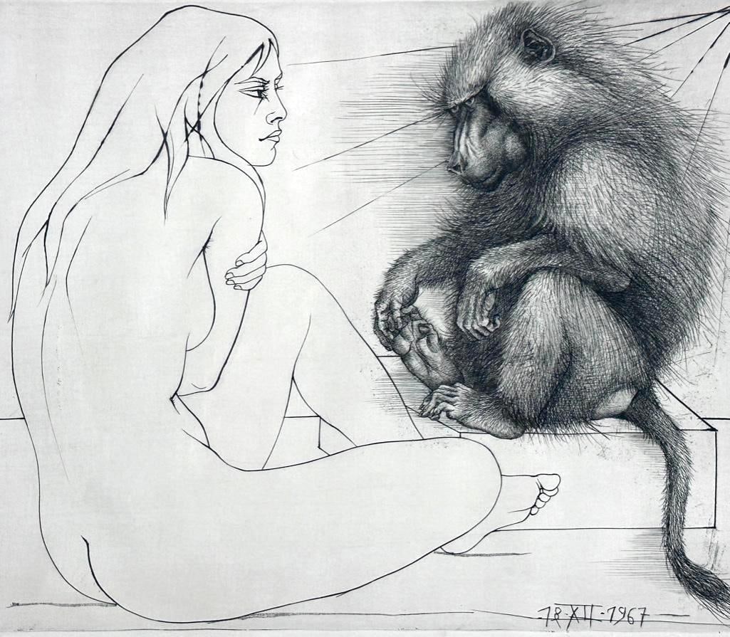 Pierre-Yves Tremois Etching, Nude and Baboon: Pierre-Yves Tremois (French 1921 - 2020) Nude and Baboon, 1967, etching on paper, signed in ink lower center, dated in the plate, framed. Dimensions: 22.5 x 27 in, as framed. Condition: Paper is