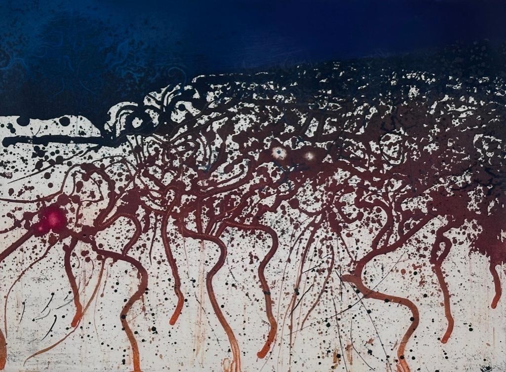 Mario Prassinos Etching, "Elga": Mario Prassinos (French/Turkish 1916 - 1985) "Elga," 1973, etching and aquatint in color on paper, signed in pencil lower right, numbered 6/100 lower left, matted and framed. Dimensions: 12 x 16 in.