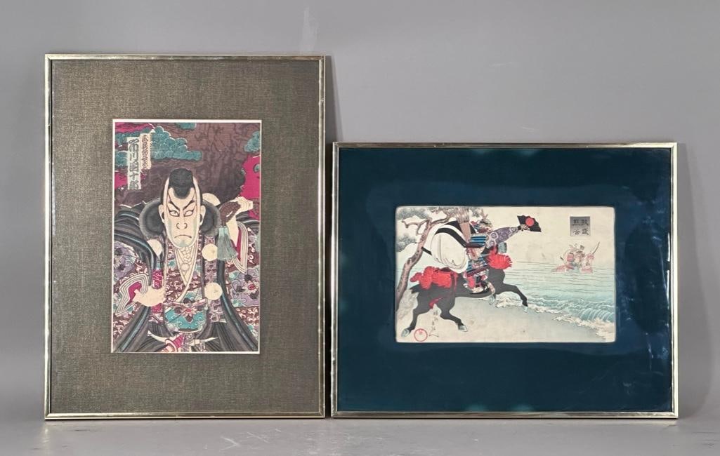 Two Japanese Color Woodblock Prints, Yoshu Chikanobu and Kunisada: Two Japanese Color Woodblock Prints, Yoshu Chikanobu (Japanese 1838- 1912) Scene from Heike Monogatari, Kumagai Naozane and Tairano Atsumori, together with a Kunisada Portrait of an Actor, each framed