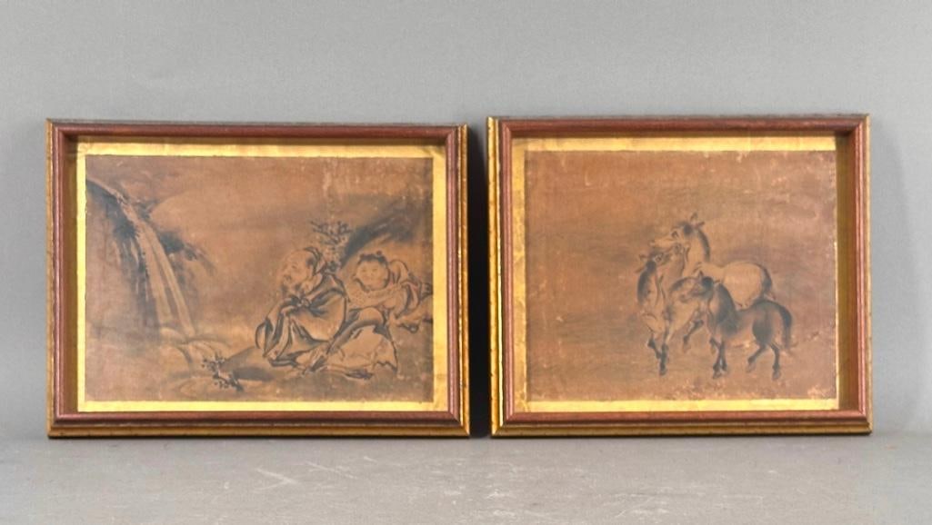 Two Japanese Album Paintings, Scholar and Boy and Three Horses: Two Japanese Album Paintings, Scholar and Boy and Three Horses, each ink on paper, framed. Dimensions: 7.75 x 9.75 in. image sizes, 10 x 12 in. as framed. Condition: As is with losses, tears, creases.