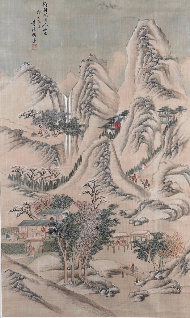 Chinese Scroll Painting in Qing Style: Chinese Scroll Painting in Qing Style, modern. Depicting a mountain landscape scene with figures and dwellings, polychrome on inks on fabric. Inscribed upper left, matted and framed. Dimensions: 25.75