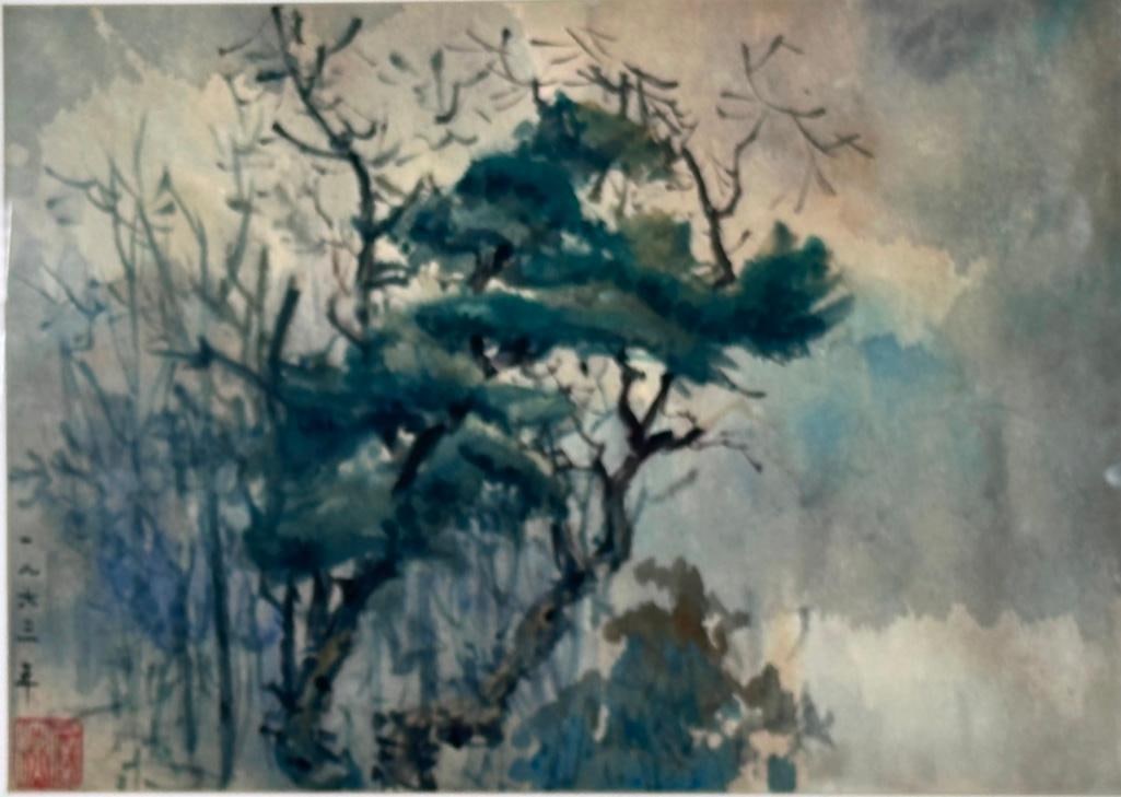 Japanese Watercolor, Pine Tree in Fog: Japanese Watercolor, Early 20thc, Pine Tree in Fog, inscribed and signed with artist's chop mark, matted and framed. Dimensions: 11 x 15.5 in. image size, 17 x 21.5 in. as framed. Condition: Appears v