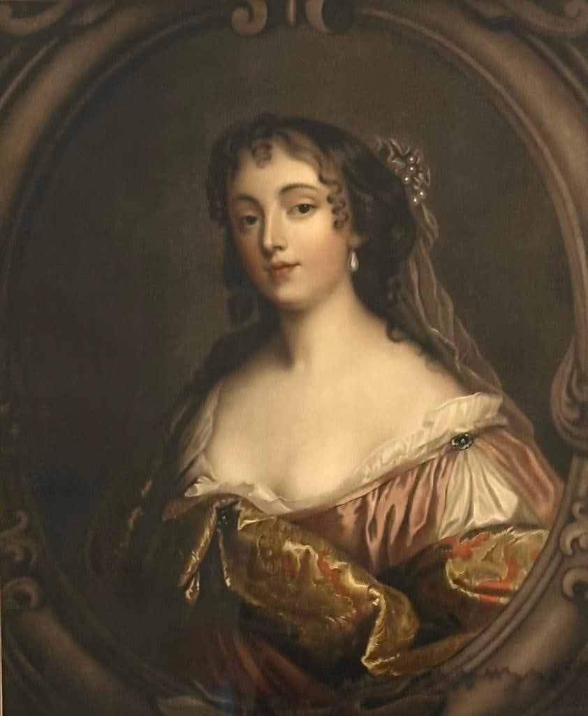 Framed Mezzotint, "La Belle Hamilton" After Sir Peter Lely: After Sir Peter Lely (English 1618-1680) "La Belle Hamilton, Comtesse de Grammont, " mezzotint on paper, framed. Dimensions: 31 x 23 in. image size, 35 x 30 in. as framed. Condition: Water stains to b