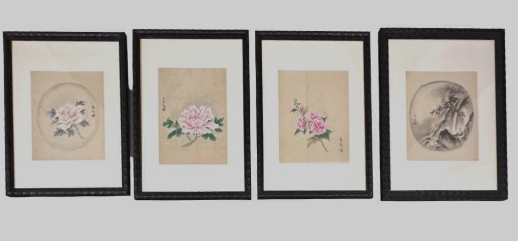 Four Chinese Watercolors: Four Chinese Watercolors, three works depicting peony flowers in pink, the fourth in imitation of an album leaf depicting a scholar contemplating a mountain waterfall. Each inscribed, matted and frame
