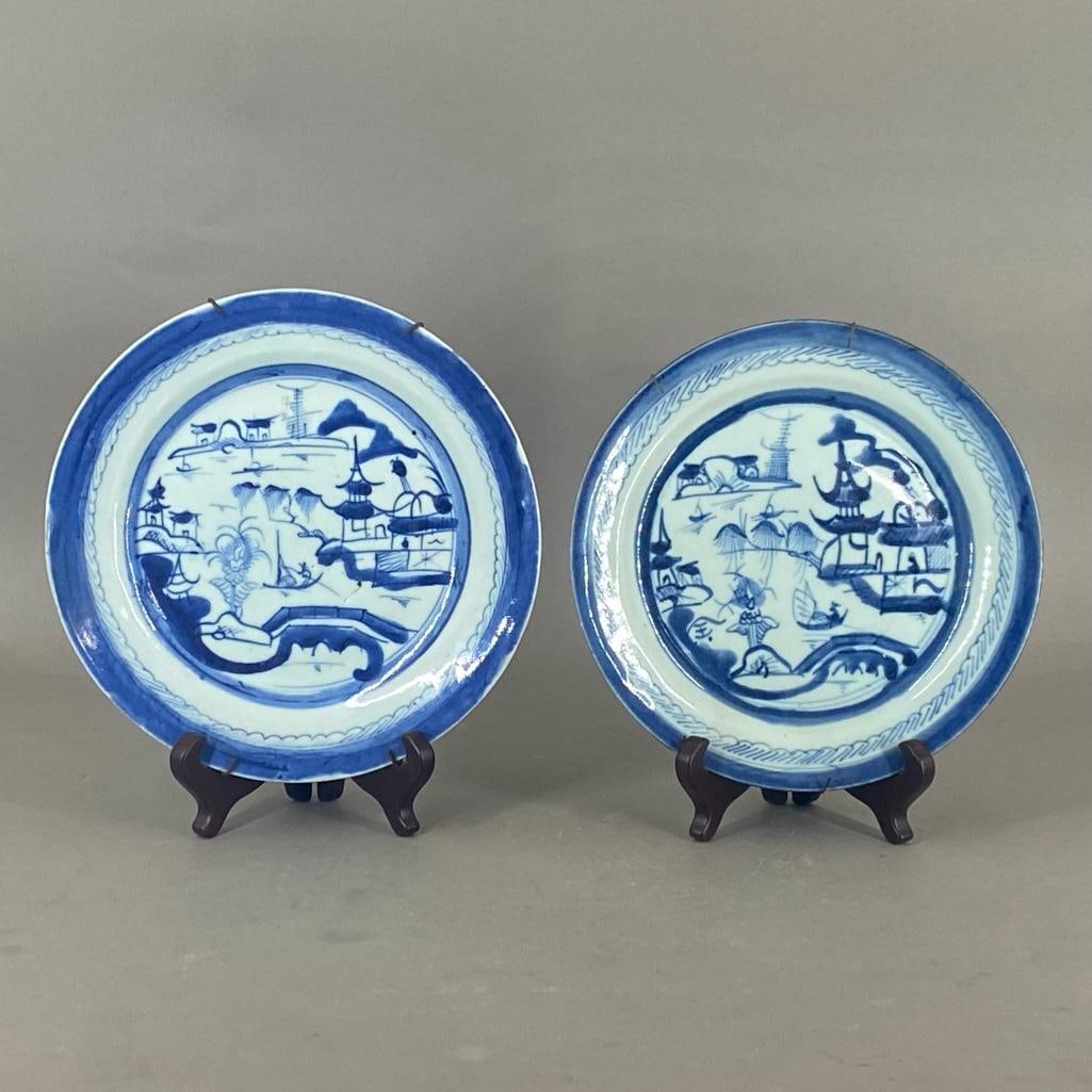 Two Blue Canton Dinner Plates, ca. 1820-1880 (1 of 4)