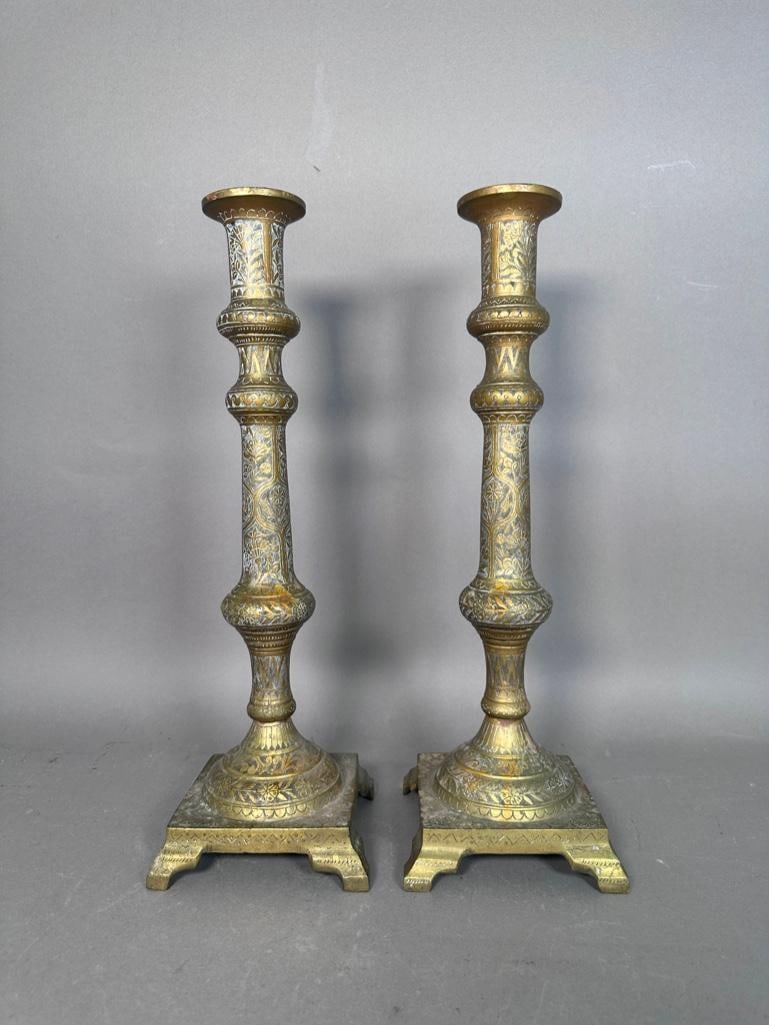 Pair of Brass Persian Candlesticks, Early 20th Century (1 of 7)