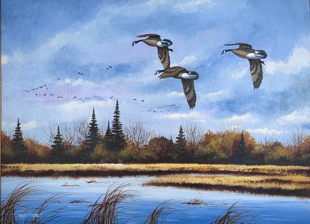 Roger T. Flythe Oil, Canada Geese in Flight: Roger T. Flythe (American 20thc.) Canada Geese in Flight, acrylic on masonite, signed lower left, framed. Dimensions: 17.5 x 23.5 in. panel size, 26 x 31 in. as framed. Condition: Very good with no