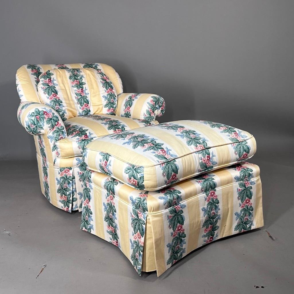 American Country Style Upholstered Lounge Chair and Ottoman: A classic club chair design featuring a relaxed, deep-seated silhouette, plush rolled arms, and a soft loose-cushion backrest. Cottage-style floral stripe chintz fabric with wide butter-yellow stripes