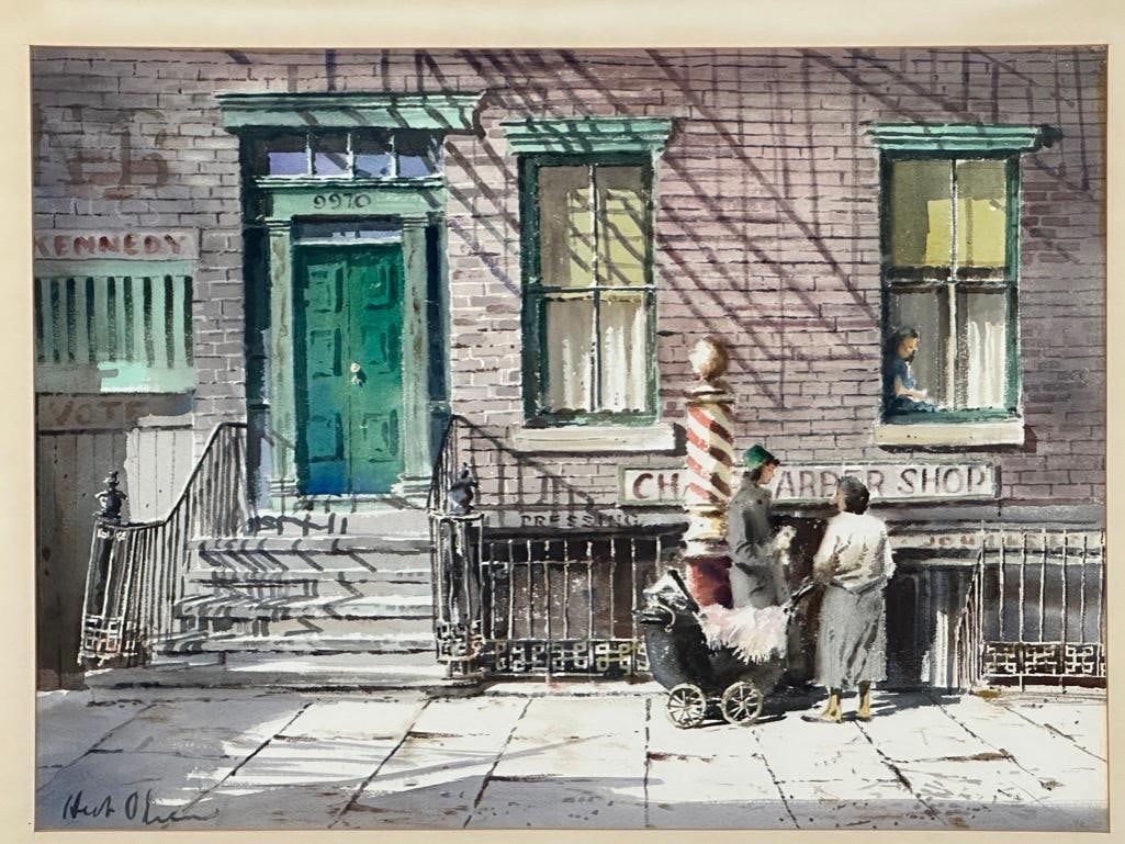 Herbert Vincent Olsen Watercolor, Street Scene: Herbert Vincent Olsen (American, Chicago, IL, 1905-1973) Street Scene, "Vote Kennedy," watercolor on paper, signed lower left, matted and framed. Dimensions: 20.25 x 28 in. image size, 30.75 x 37.75 i